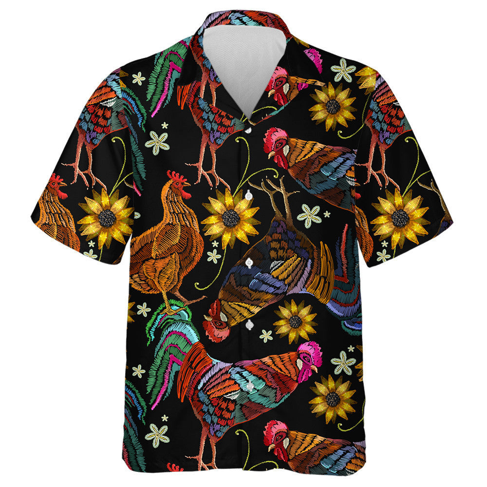 Multicolored Embroidery Chicken Rooster And Sunflowers Hawaiian Shirt,Hawaiian Shirt Gift, Christmas Gift