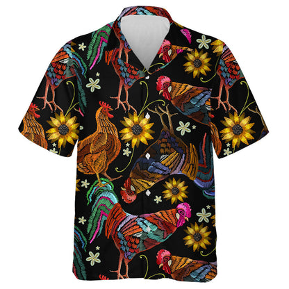 Multicolored Embroidery Chicken Rooster And Sunflowers Hawaiian Shirt,Hawaiian Shirt Gift, Christmas Gift