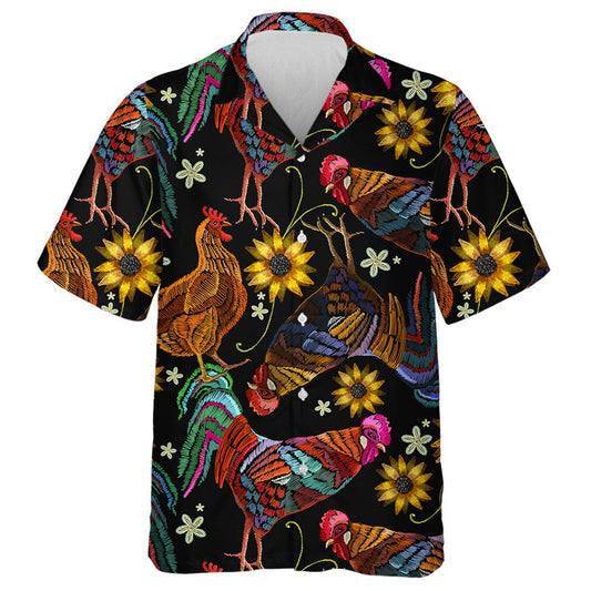 Multicolored Embroidery Chicken Rooster And Sunflowers Hawaiian Shirt,Hawaiian Shirt Gift, Christmas Gift