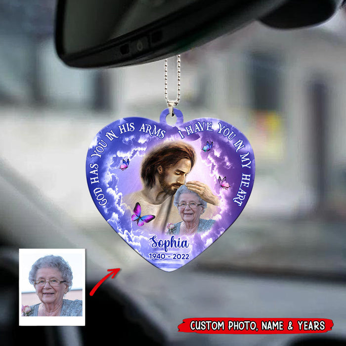 Personalized Memorial Car Hanging Ornament With Upload Photo God Has You In His Arms I Have You In My Heart, Christmas Decoration