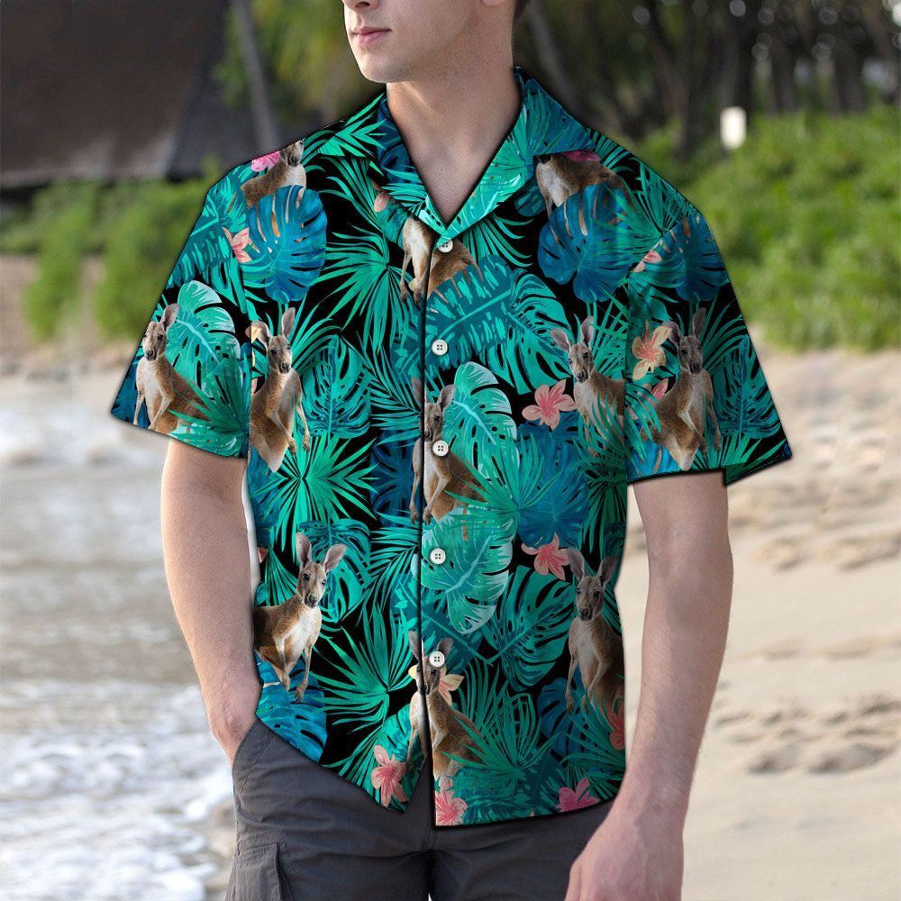 Kangaroo Among Tropical Flowers And Leaves Hawaiian Shirt, Hawaiian For Gift