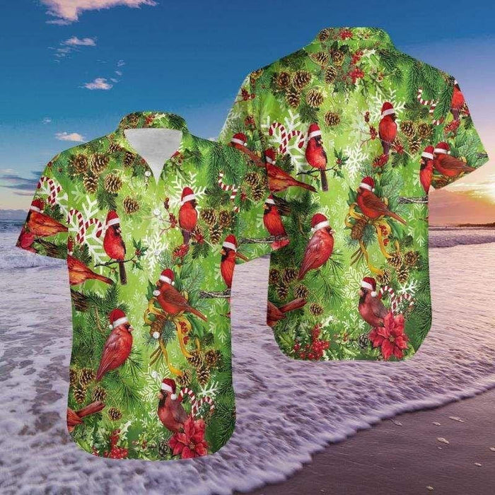 Pretty Cardinal On Christmas Pine Tree Background Hawaiian Shirt, Hawaiian Shirt Gift, Christmas Gift