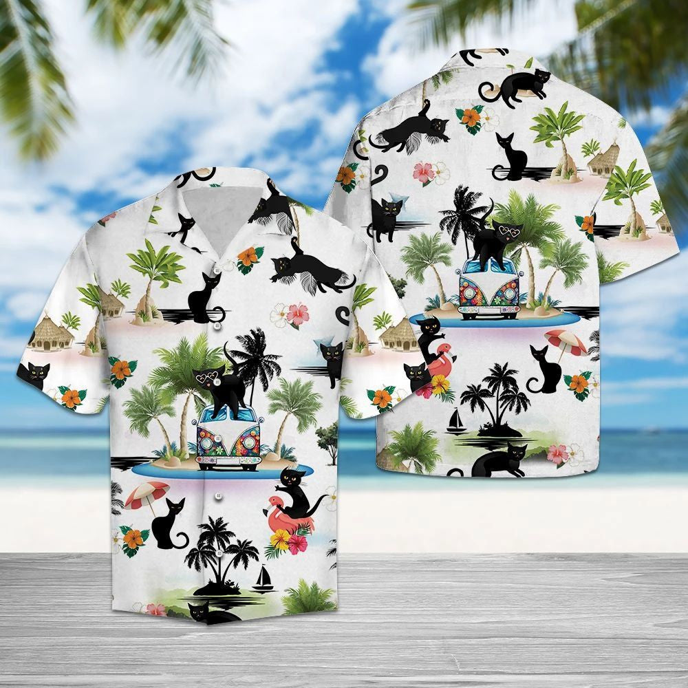 Black Cat Print While Theme Hawaiian Shirt, Hawaiian For Gift