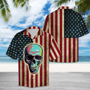 Aloha Shirt Skull American Flag Hawaiian Aloha Shirt Hawaiian Shorts Beach Short Sleeve, Christmas Gift