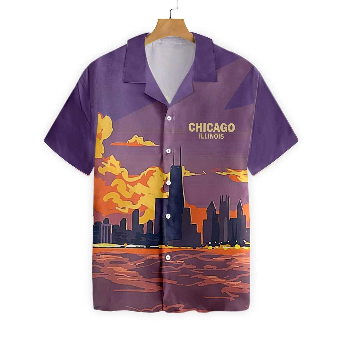 Chicago Illinois And Sunset On Water Pattern Hawaiian Shirt, Hawaiian Shirt Gift, Christmas Gift