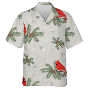 Red Cardinal Bird And Fir Branches On Gray Background Hawaiian Shirt, Hawaiian Shirt Gift, Christmas Gift