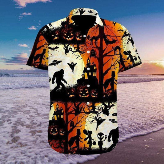 People Bigfoot Ufo Halloween Background Hawaiian Shirt,Hawaiian Shirt Gift, Christmas Gift