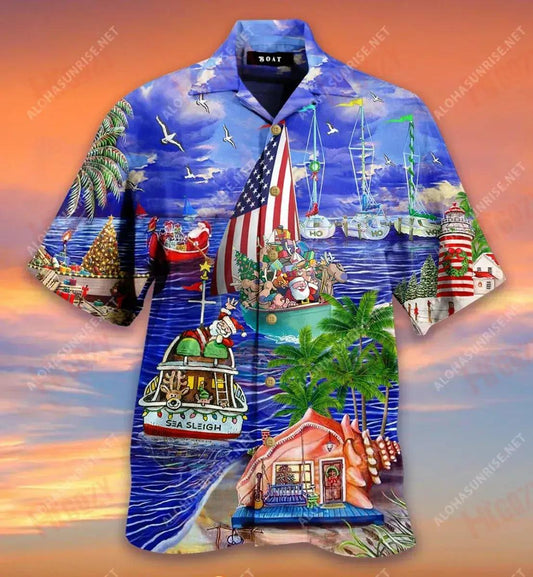 Daidí na Nollag ar Muir Bád Sleigh Teacht Chuig na Nollag Léinte Gearr Haváís Laethanta Saoire Léinte Tropacha Léinte Grinn Haváí Léinte Greannmhar Haváise, Bronntanas Léine Haváís, Bronntanas Nollag