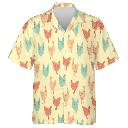 Colorful Cute Chicken On Light Yellow Background Hawaiian Shirt, Hawaiian Shirt Gift, Christmas Gift