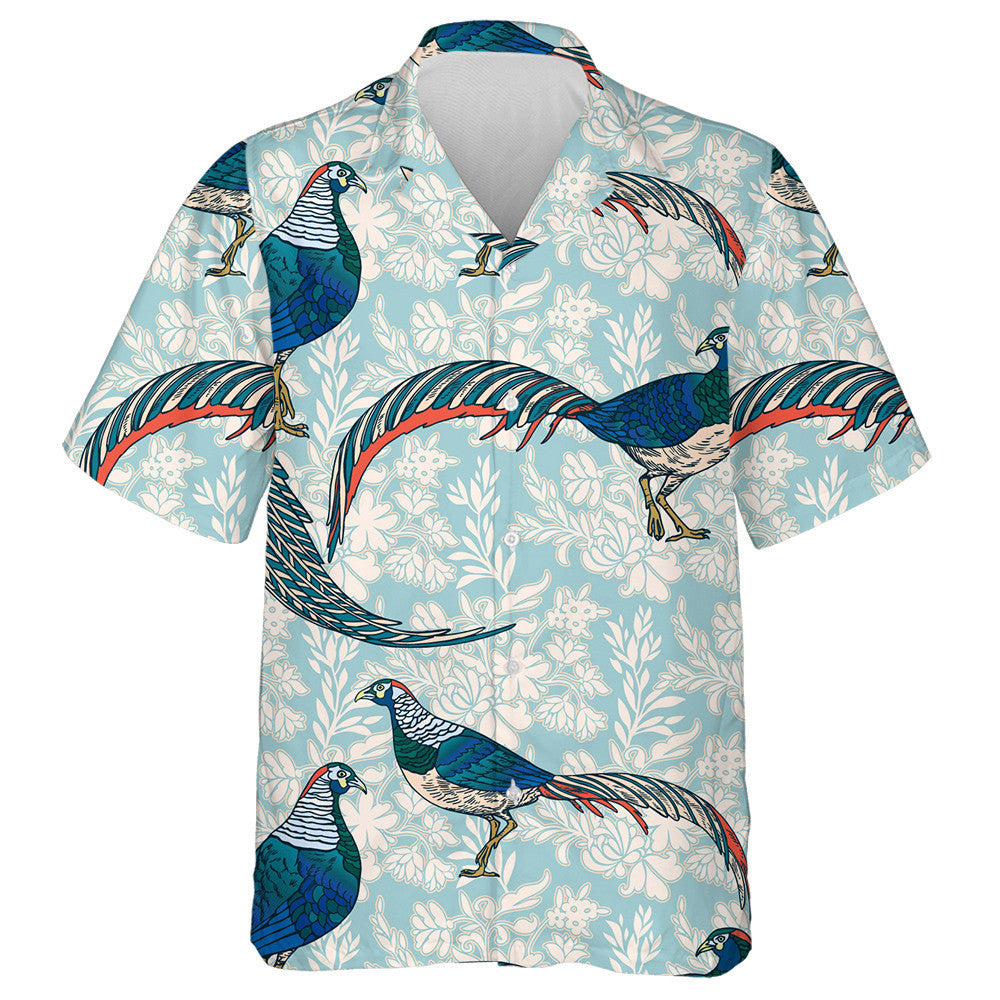 Beautiful Birds And Pheasants On Blue Background Hawaiian Shirt, Hawaiian Shirt Gift, Christmas Gift