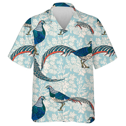Beautiful Birds And Pheasants On Blue Background Hawaiian Shirt, Hawaiian Shirt Gift, Christmas Gift