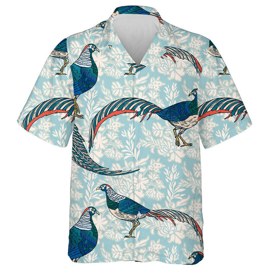 Beautiful Birds And Pheasants On Blue Background Hawaiian Shirt, Hawaiian Shirt Gift, Christmas Gift