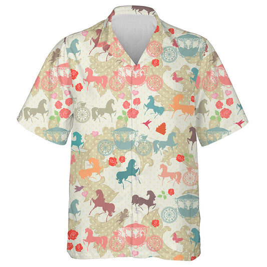 Horses With Carriage And Rose Flower Hawaiian Shirt, Hawaiian For Gift