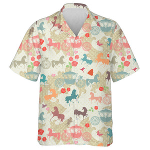 Horses With Carriage And Rose Flower Hawaiian Shirt, Hawaiian For Gift