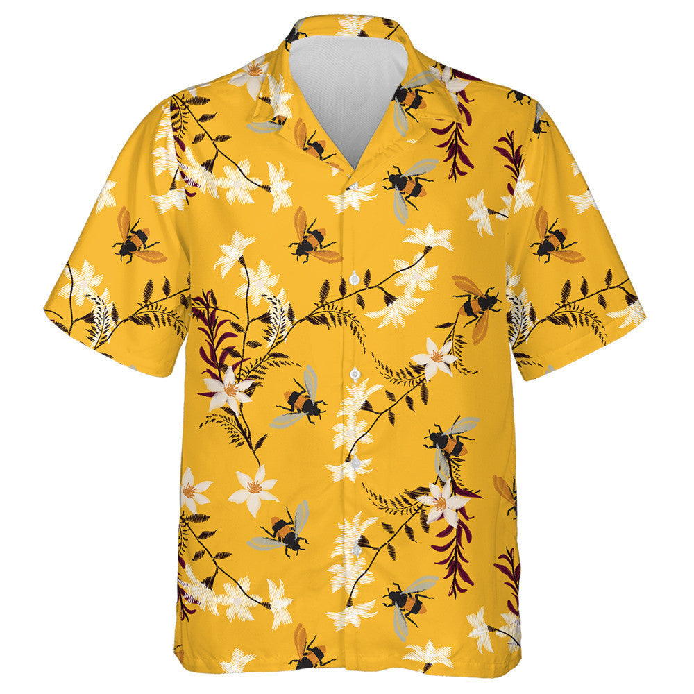 Bee And Flower Embroidery On Vintage Yellow Hawaiian Shirt, Hawaiian Shirt Gift, Christmas Gift