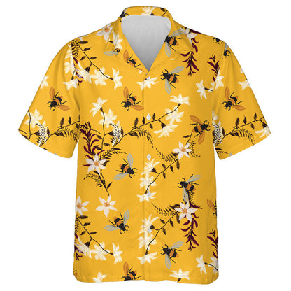Bee And Flower Embroidery On Vintage Yellow Hawaiian Shirt, Hawaiian Shirt Gift, Christmas Gift