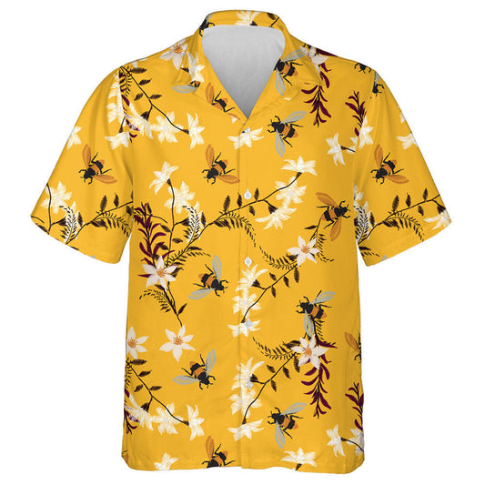 Bee And Flower Embroidery On Vintage Yellow Hawaiian Shirt, Hawaiian Shirt Gift, Christmas Gift