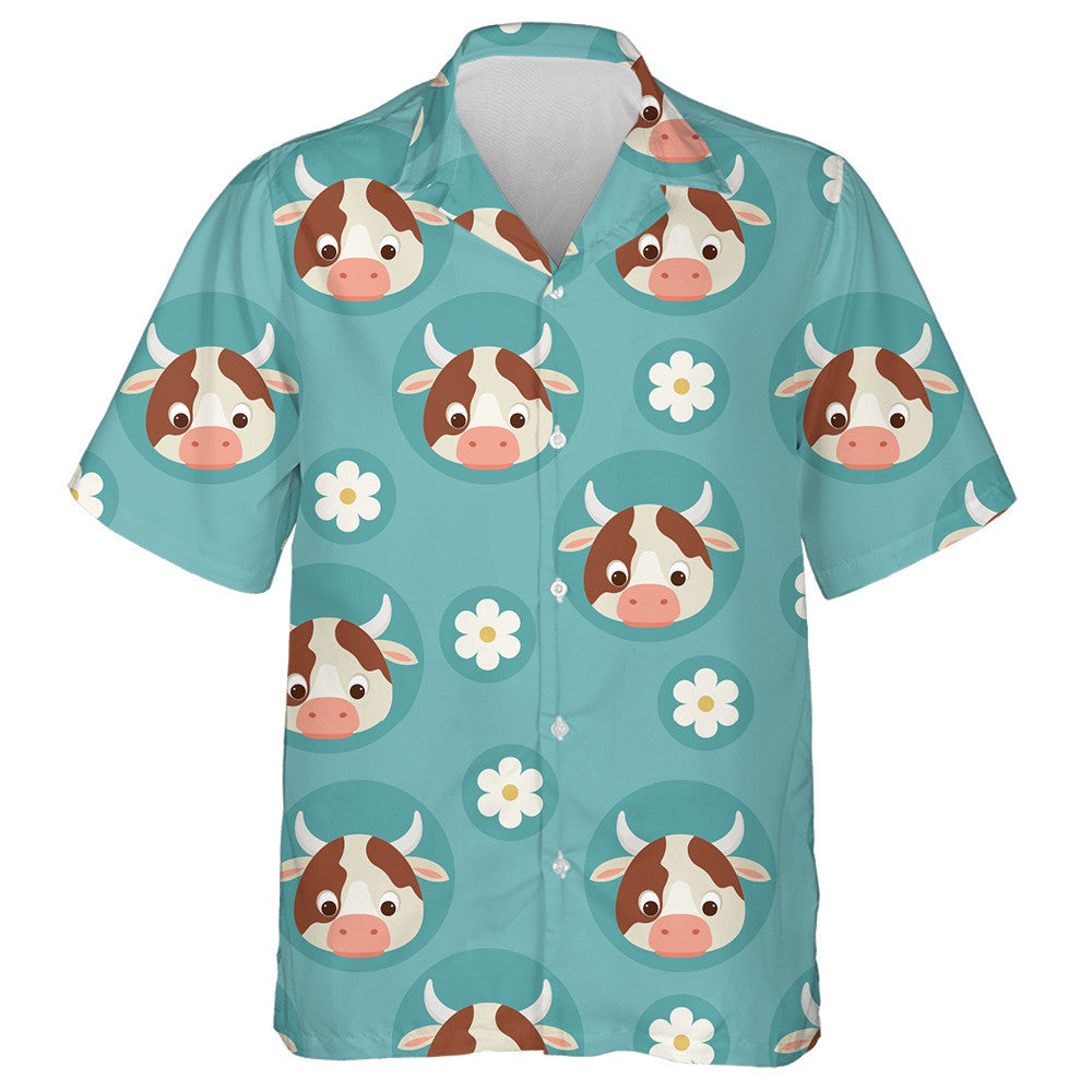 Cartoon Cows And Flowers On Blue Hawaiian Shirt, Hawaiian For Gift