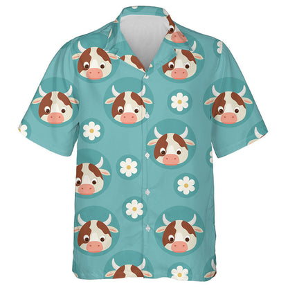 Cartoon Cows And Flowers On Blue Hawaiian Shirt, Hawaiian For Gift