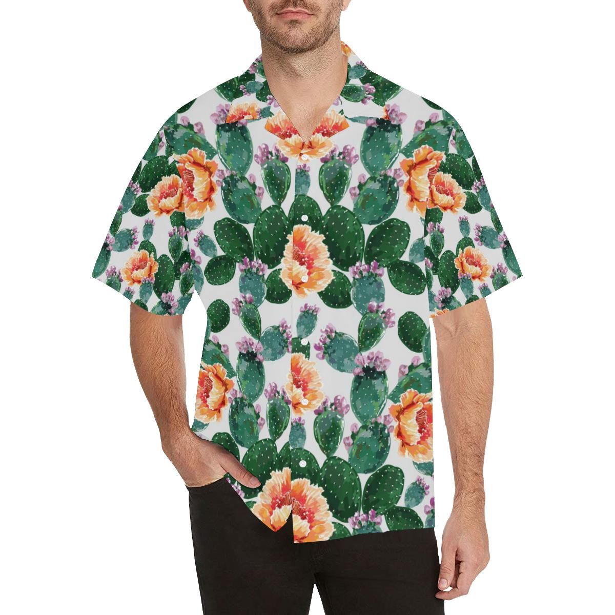 Cactus And Flower Pattern Men'S All Over Print Hawaiian Aloha Shirt Hawaiian Shorts Beach Short Sleeve, Hawaiian Shirts -Hawaiian Shirt Gift, Christmas Gift
