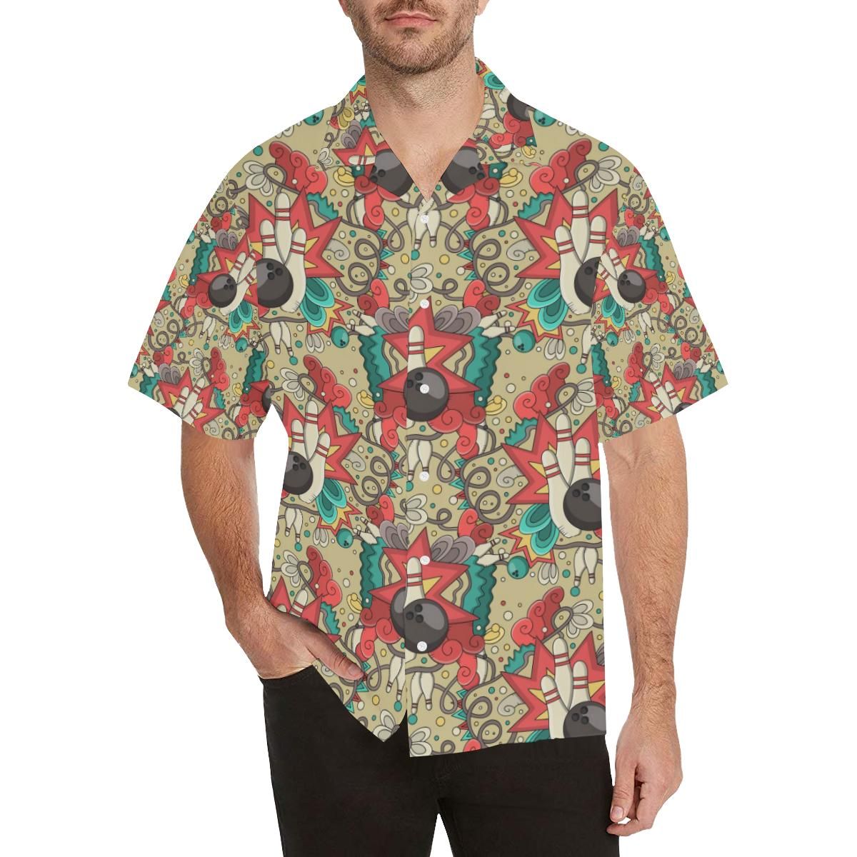 Bowling Pattern Background Men's All Over Print Hawaiian Aloha Shirt Hawaiian Shorts Beach Short Sleeve,Hawaiian Shirt Gift, Christmas Gift