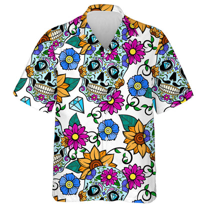 Bright Background With Sugar Skulls Sunflowers And Diamonds Hawaiian Shirt, Hawaiian Shirt Gift, Christmas Gift