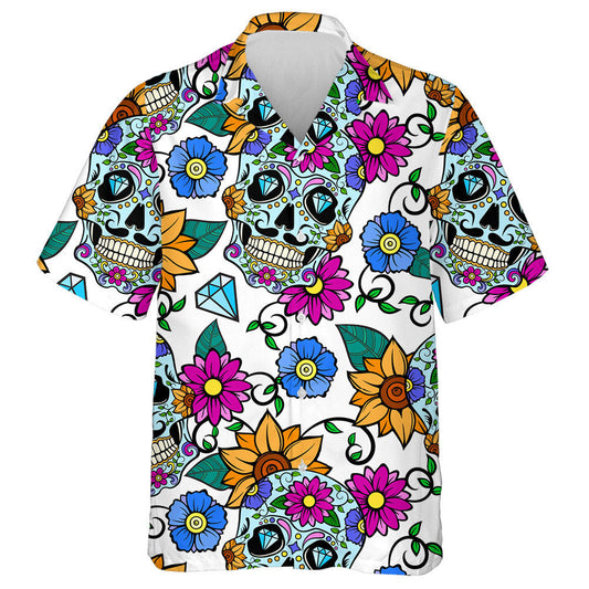 Bright Background With Sugar Skulls Sunflowers And Diamonds Hawaiian Shirt, Hawaiian Shirt Gift, Christmas Gift