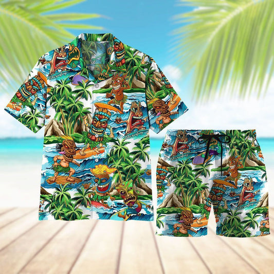 Tiki Tiki Surfing Combo Pattern Hawaiian Shirt,Hawaiian Shirt Gift, Christmas Gift