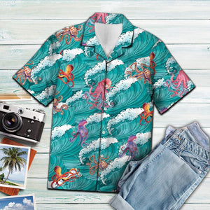 Applealing Octopus Sea Waves Pattern Hawaiian Shirt, Hawaiian For Gift