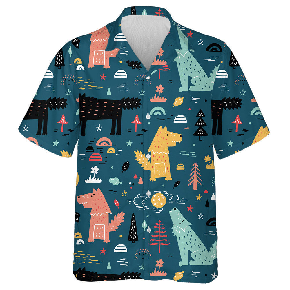 Hand Drawn Wolf In Forest Cartoon Style Hawaiian Shirt, Hawaiian Shirt Gift, Christmas Gift