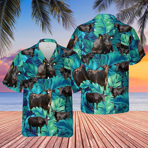 Black Angus Cattle Blue And Green Background Hawaiian Shirt, Hawaiian Shirt Gift, Christmas Gift