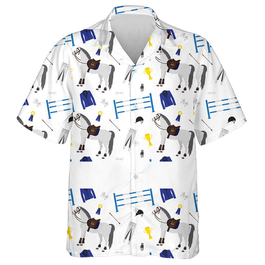 Cartoon Horse Riding Sport Equipment On White Hawaiian Shirt, Hawaiian Shirt Gift, Christmas Gift