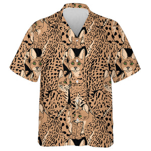 Beige Graceful Wild Cats African Serval Characters Hawaiian Shirt, Hawaiian Shirt Gift, Christmas Gift
