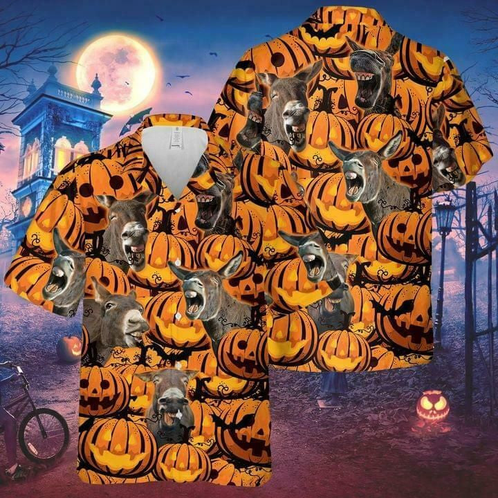 Donkey Greannmhar Oíche Shamhna Cúlra Lantern Pumpkin Léine Haváí, Bronntanas Léine Haváí, Bronntanas Nollag