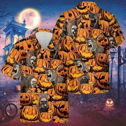 Donkey Greannmhar Oíche Shamhna Cúlra Lantern Pumpkin Léine Haváí, Bronntanas Léine Haváí, Bronntanas Nollag