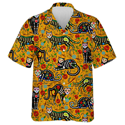 Calavera Siúcra Cloigeann Cat Dubh I Stíl Mheicsiceo Léine Haváís, Bronntanas Léine Haváíais, Bronntanas Nollag