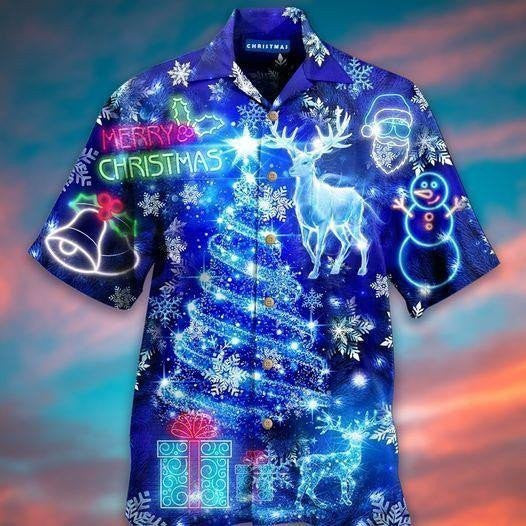 Blue Merry Christmas Light Deer And Christmas Tree Design Hawaiian Shirt, Hawaiian Shirt Gift, Christmas Gift.