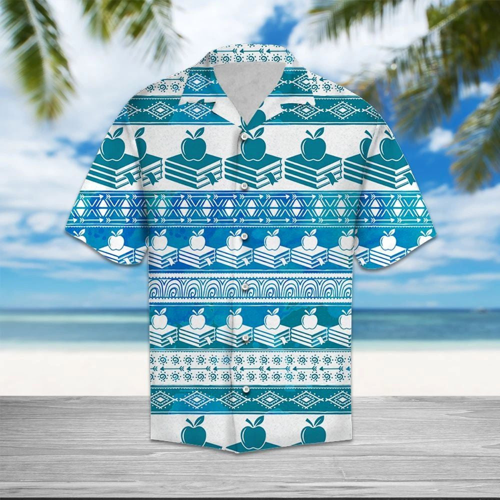 Awesome Blue Ans White Teacher Feather Pattern Hawaiian Shirt, Hawaiian Shirt Gift, Christmas Gift