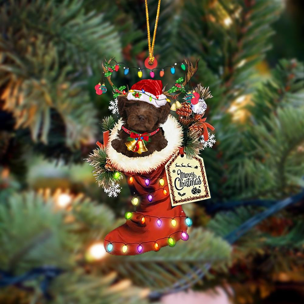 CHOCOLATE Labradoodle-Xmas Boot-Two Sided Christmas Plastic Hanging Ornament, Happy Christmas Ornament, Christmas Gift, Christmas Decoration
