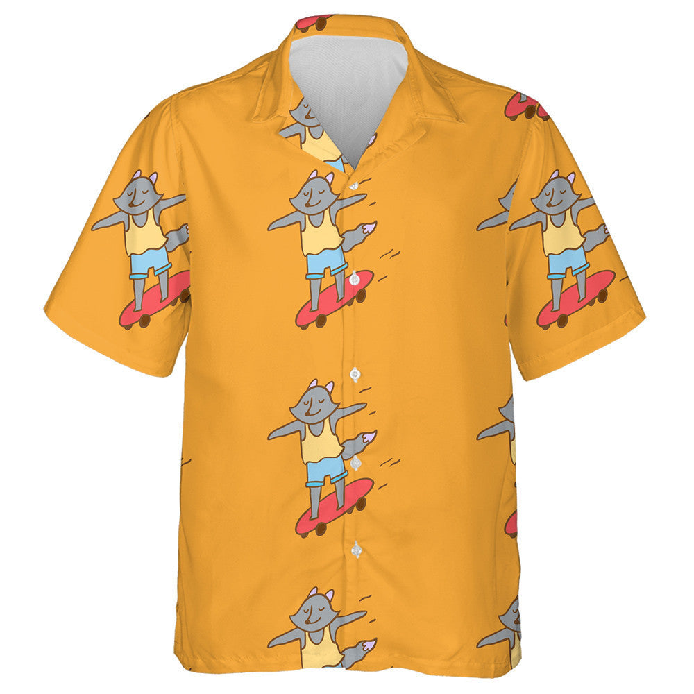 Hipster Wolf Riding Longboard On Orange Hawaiian Shirt, Hawaiian For Gift