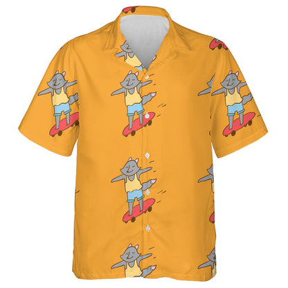 Hipster Wolf Riding Longboard On Orange Hawaiian Shirt, Hawaiian For Gift