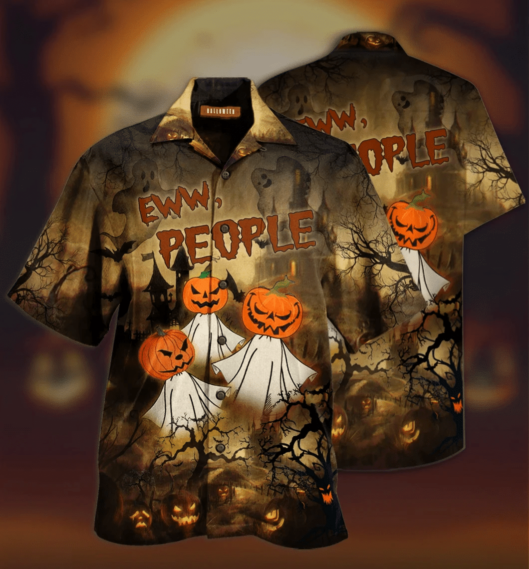 Halloween Eww People Pumpkin Ghost Background Hawaiian Shirt, Hawaiian Shirt Gift, Christmas Gift