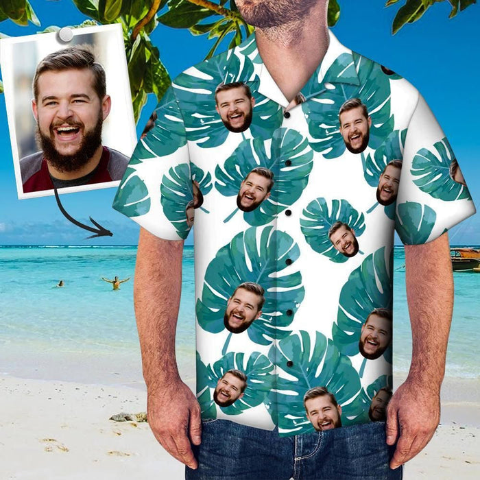 Green Monstera Leaves In White Custom Photo Hawaiian Shirt, Hawaiian Shirt Gift, Christmas Gift