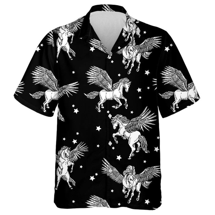 White Winged Pegasus Horses On Black Background Hawaiian Shirt, Hawaiian Shirt Gift, Christmas Gift