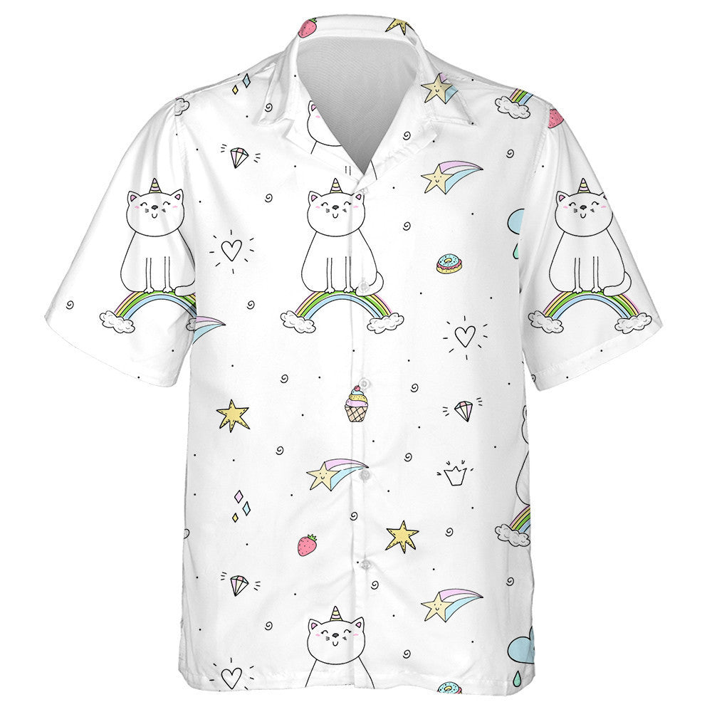 Hand Drawn Cute Cat On A Rainbow Hawaiian Shirt, Hawaiian Shirt Gift, Christmas Gift