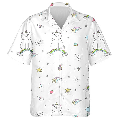 Hand Drawn Cute Cat On A Rainbow Hawaiian Shirt, Hawaiian Shirt Gift, Christmas Gift