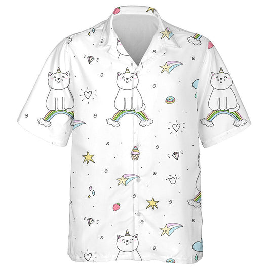 Hand Drawn Cute Cat On A Rainbow Hawaiian Shirt, Hawaiian Shirt Gift, Christmas Gift
