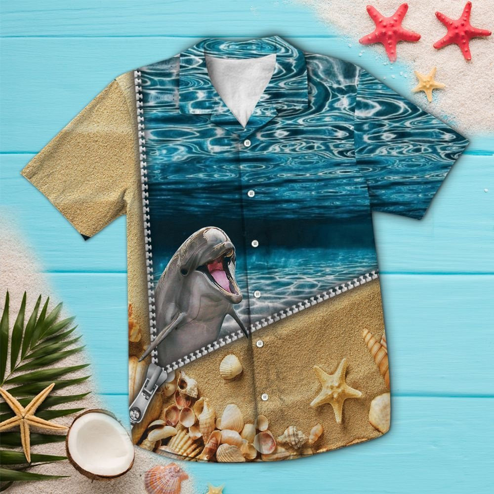 Lovely Zipper Ocean With Dolphin Hawaiian Shirt,Hawaiian Shirt Gift, Christmas Gift