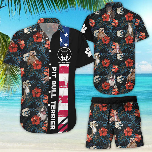 Dog Hawaiian Shirt - Custom Name Pit Bull Terrier American Flag Tropical Hawaiian Shirts - Gift For Summer_Hawaiian Shirt Gift, Christmas Gift