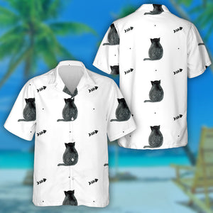 Watercolor Black Cats And Fish Bone On White Background Hawaiian Shirt, Hawaiian Shirt Gift, Christmas Gift